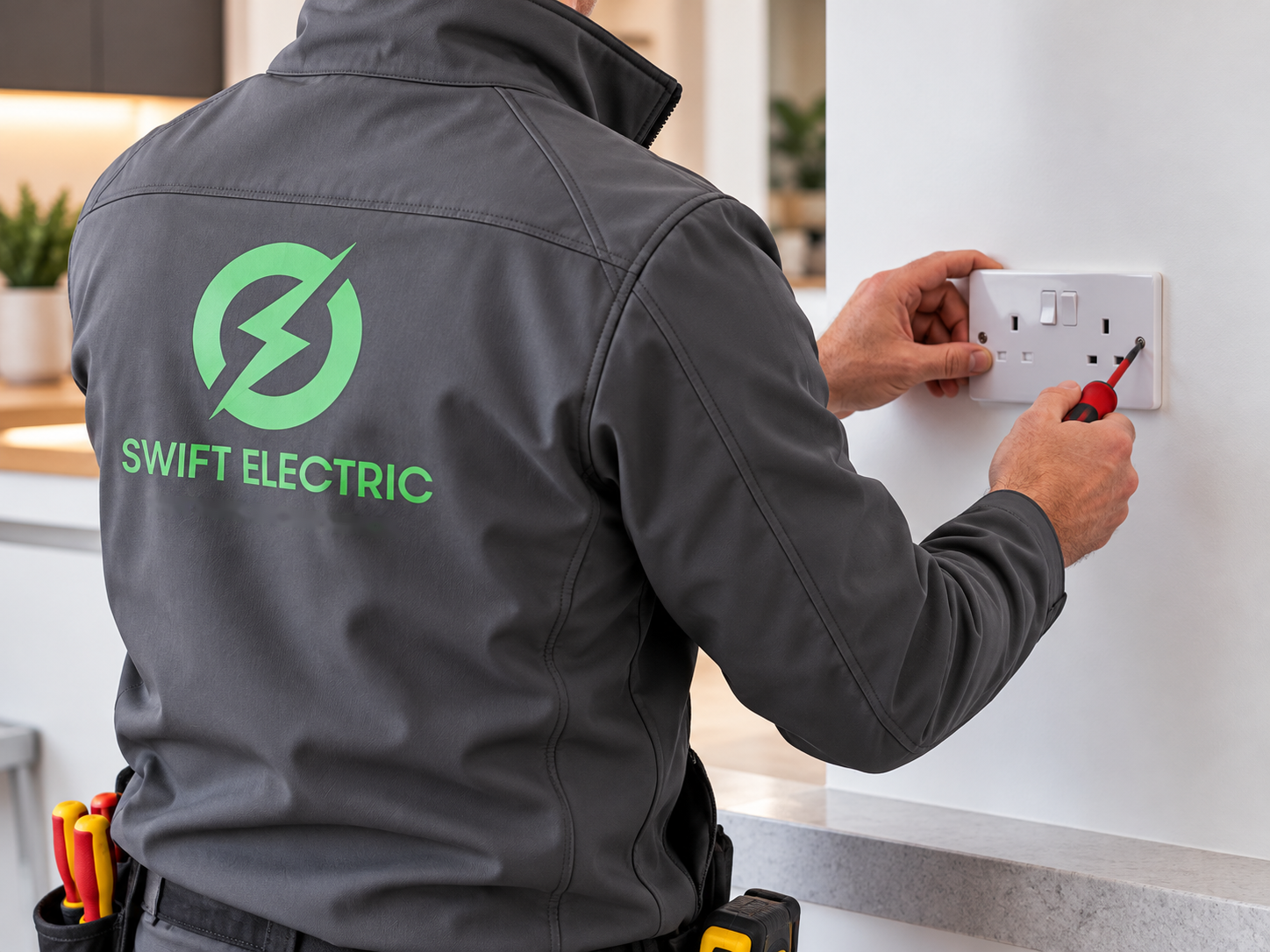 Electrician wearing a Swift Electric branded jacket fitting a wall socket